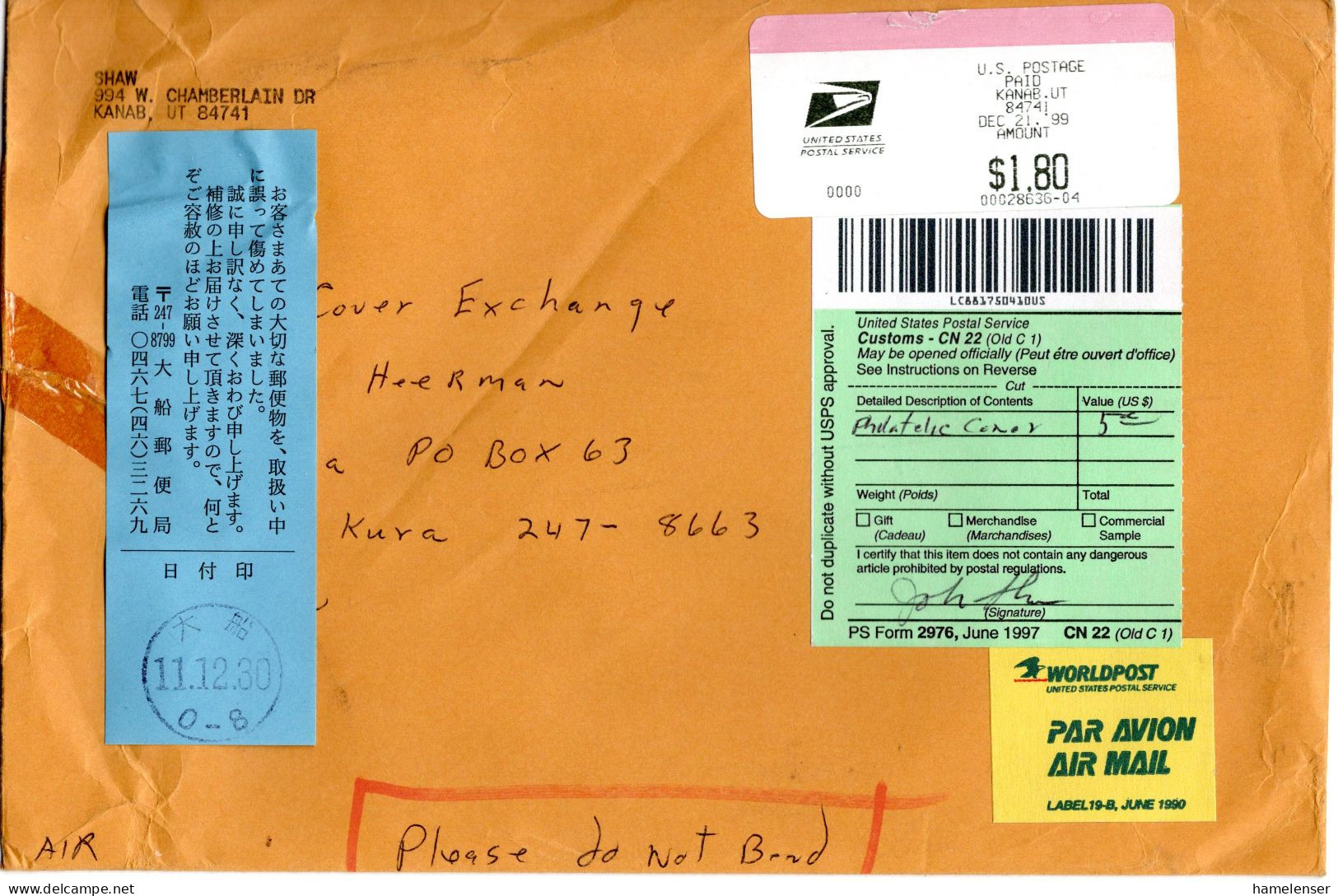 L66355 - USA - 1999 - $1,80 Postfreistpl A LpBf KANAB, UT -> OFUNA (Japan), M Aufkleber "Beim Transport Beschaedigt" - Lettres & Documents