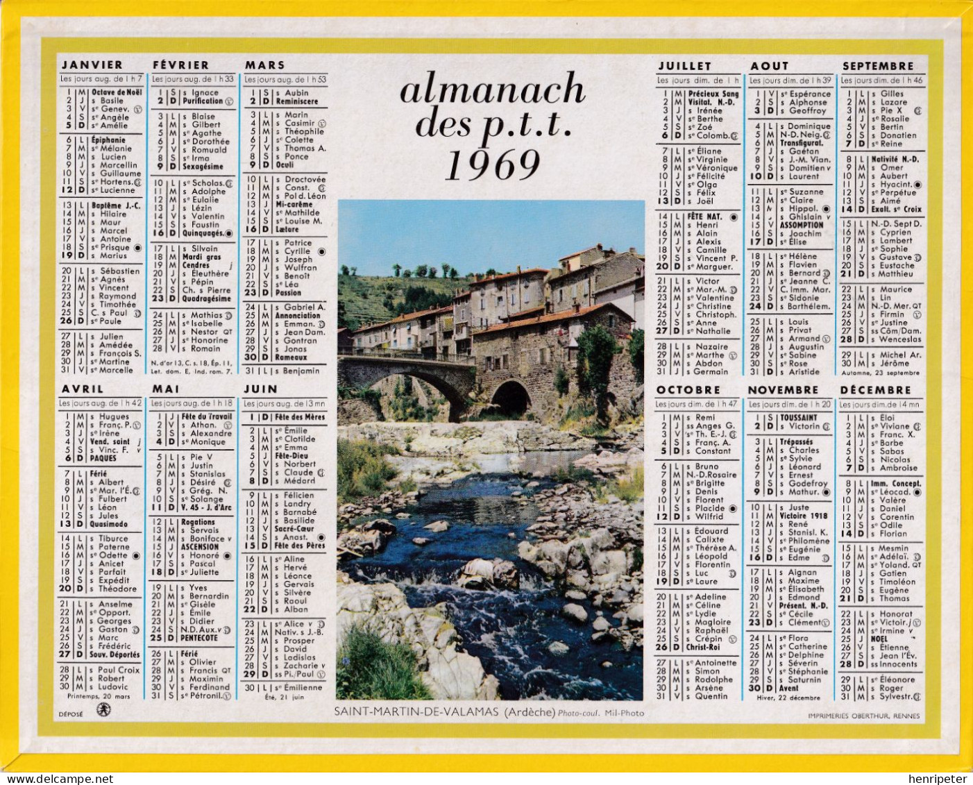 ALMANACH DES P.T.T. - 42 LOIRE - 1969 - SAINT-MARTIN-DE-VALAMAS (Ardèche) - (Photo Couleurs Mil-Photo) - Grossformat : 1961-70