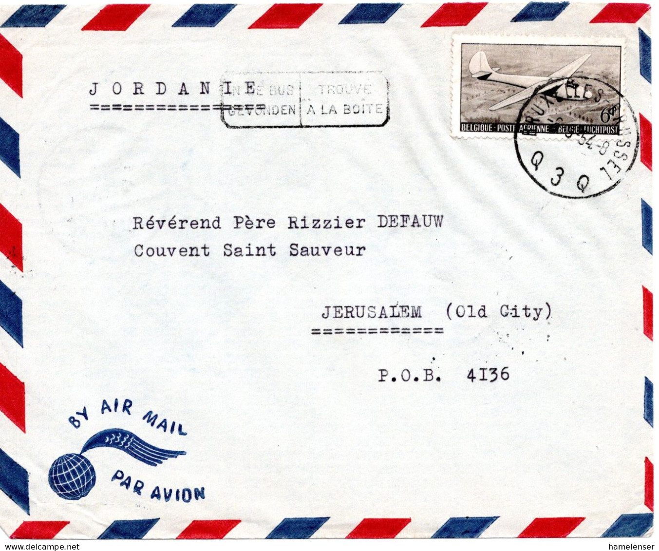 66360 - Belgien - 1954 - 6F Luftpost EF A LpBf BRUXELLES -> JERUSALEM (Jordanien) - Lettres & Documents