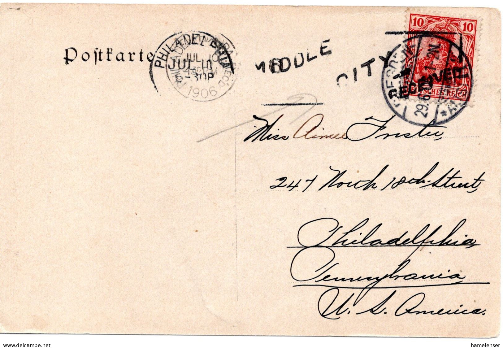 66361 - Deutsches Reich - 1906 - 10Pfg Germania EF A AnsKte DRESDEN -> PHILADELPHIA, PA (USA) - Cartas & Documentos