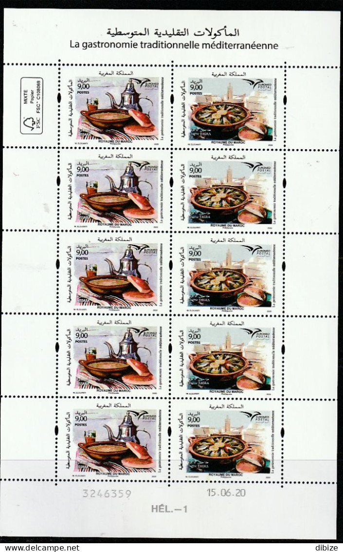 Maroc. Feuille De 10 Timbres 2020. Gastronomie Traditionnelle Méditerranéenne. Tajine. Thé. Soupe. Euromed Postal. - Alimentation