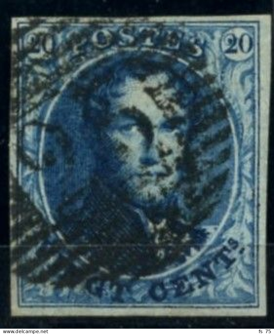 BELGIQUE - COB 4  - 20C BLEU VERDATRE PAPIER MINCE MEDAILLON MARGE OBLITERE - 1849-1850 Medaillons (3/5)