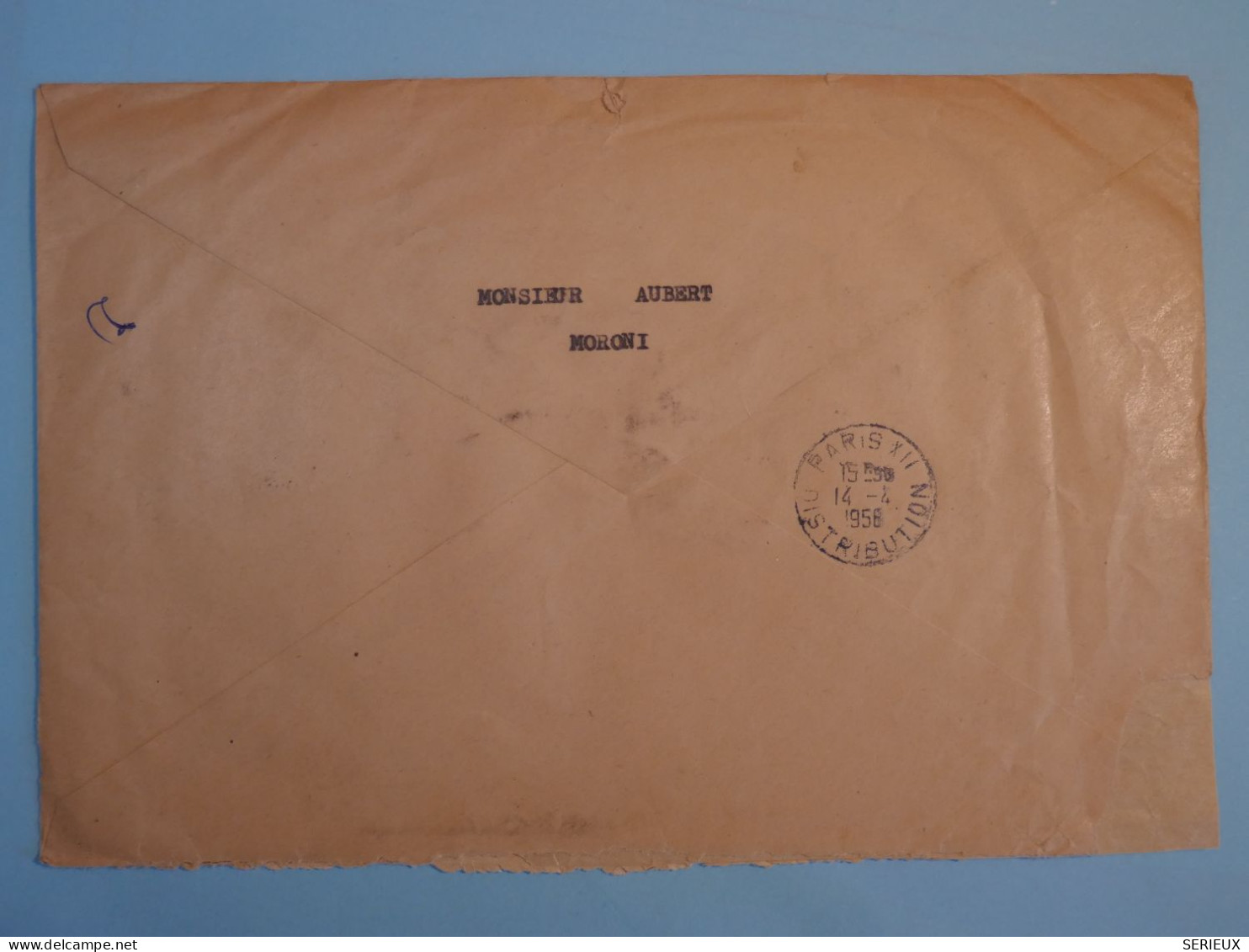 BT4 COMORES   BELLE LETTRE  RECOM. RARE 1958 MORONI  A PARIS FRANCE+ PAIRE DU 40F+100F + MAGNIFIQUE+++++ - Posta Aerea