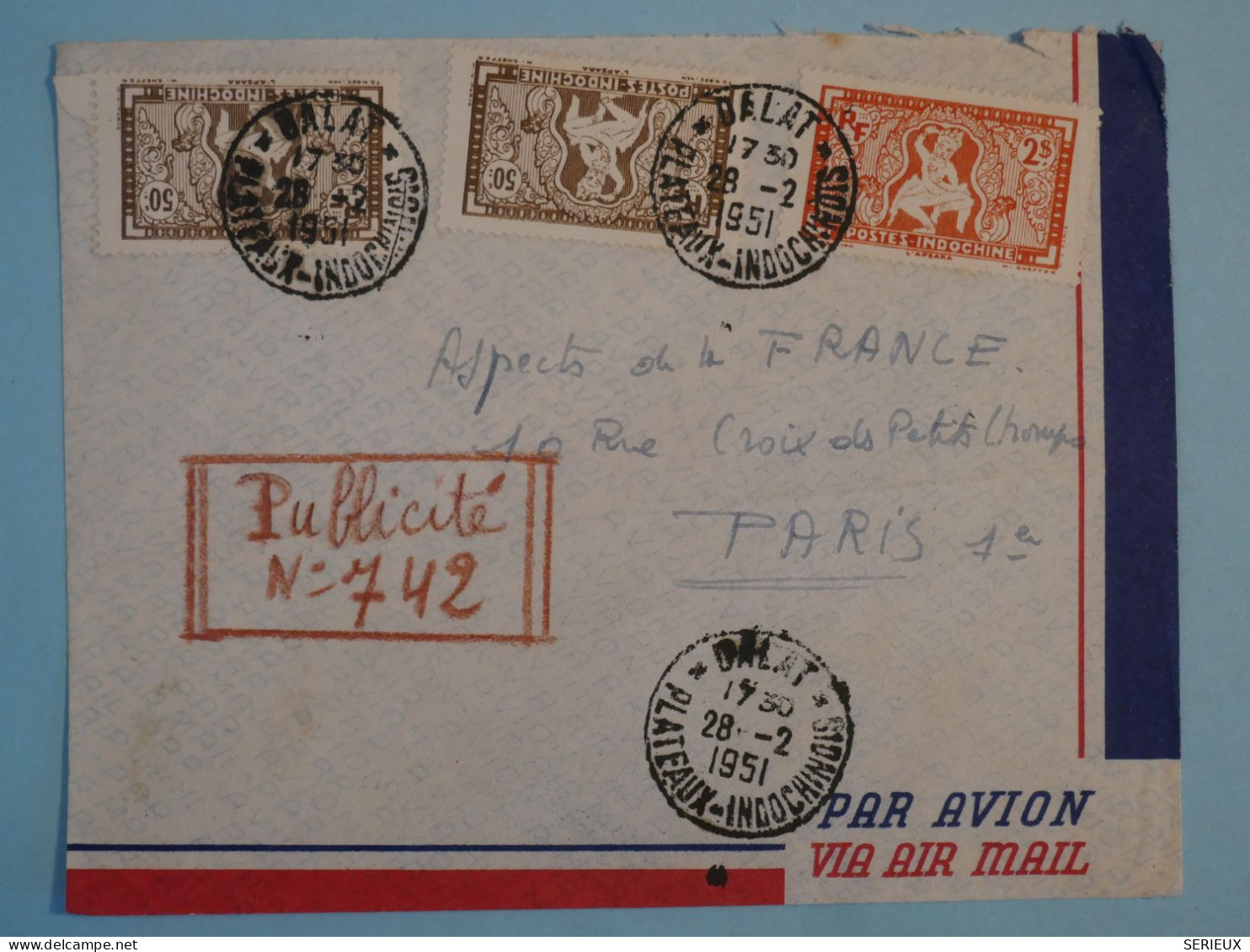 BT4 INDOCHINA    BELLE LETTRE  PUB. 1951 PETIT BUREAU DELAT   A PARIS FRANCE+ + AFF. INTERESSANT++++ - Cartas & Documentos