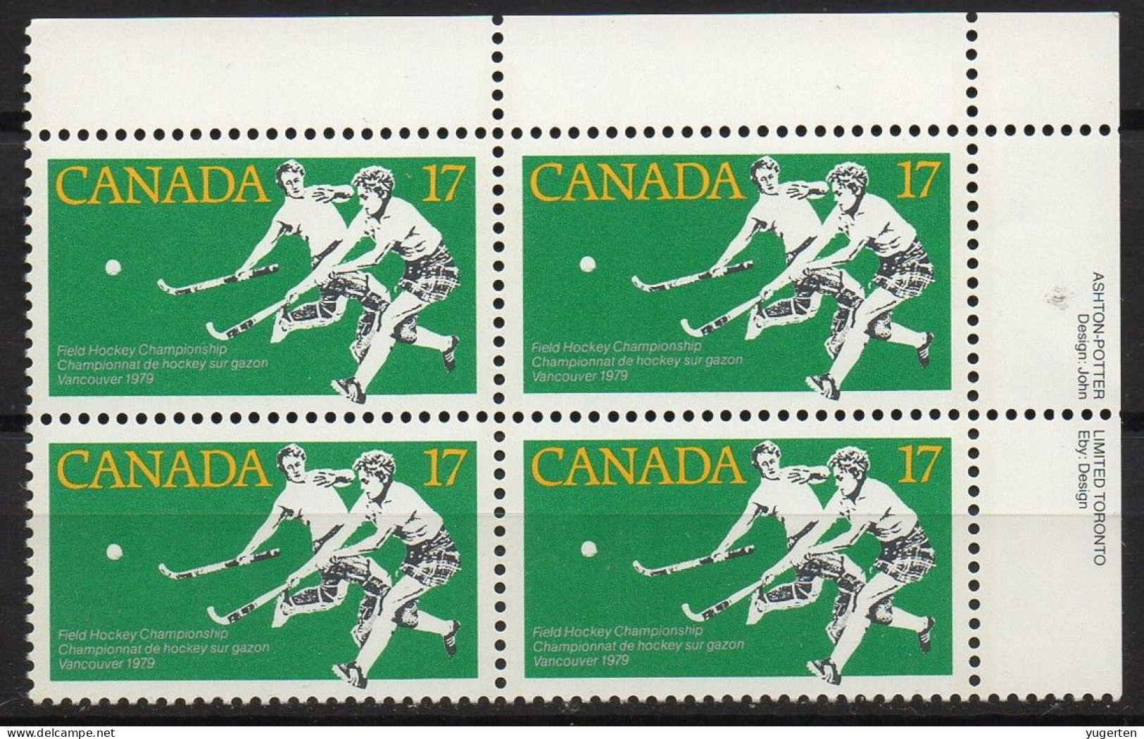 CANADA 1979 - Corner Bloc Of 4 - MNH - Field Hockey Sur Gazon Sobre Hierba Feldhockey Хоккей на траве - Vancouver - Hockey (Field)