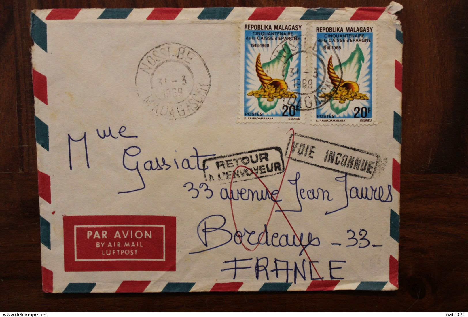 1969 Madagascar Nossi Bé France Cover Retour Envoyeur Voie Inconnue Timbre Cinquantenaire Caisse D'Epargne - Madagaskar (1960-...)