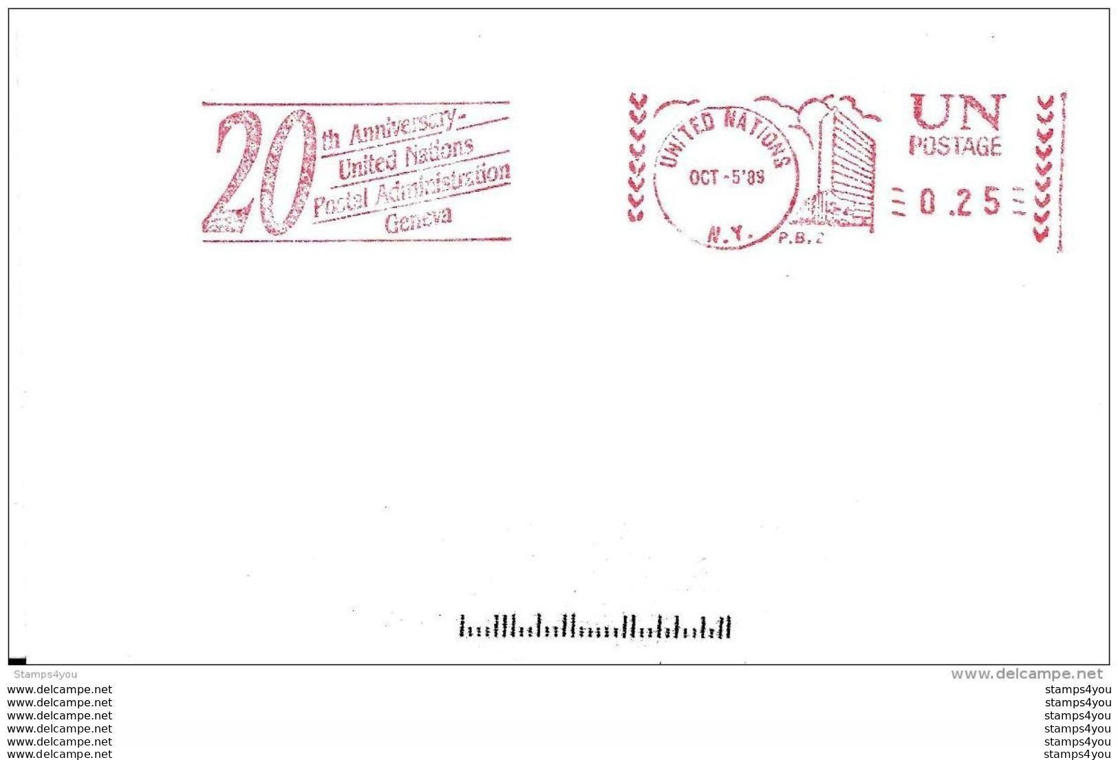56 - 99 - Enveloppe Nataions Unies New York - Oblit Mécanique 20th Anniversary 1989 - Lettres & Documents