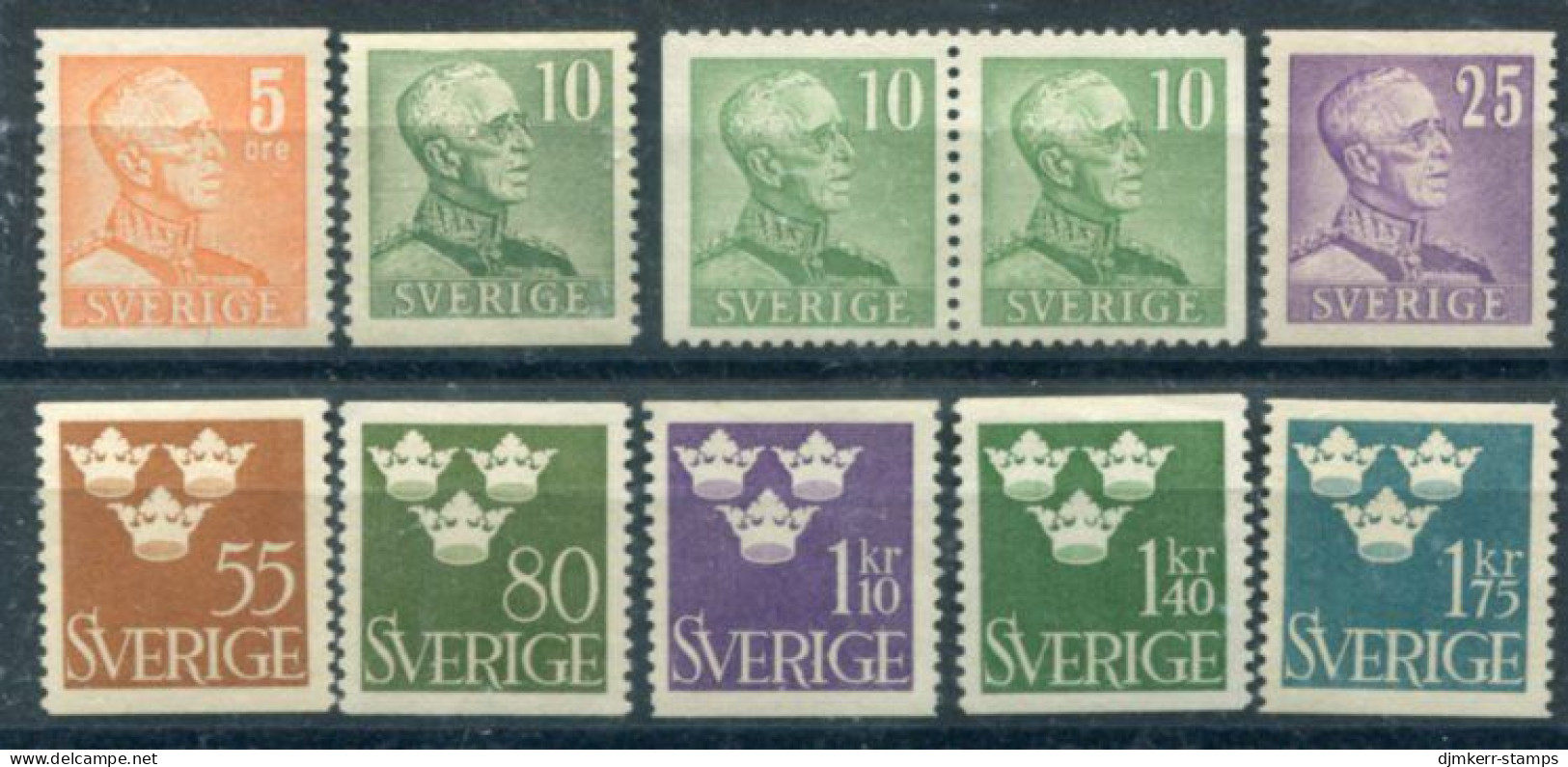 SWEDEN 1948 Definitive: King Gustav V And Crowns (10v) MNH / **.  Michel 332-39 - Nuevos