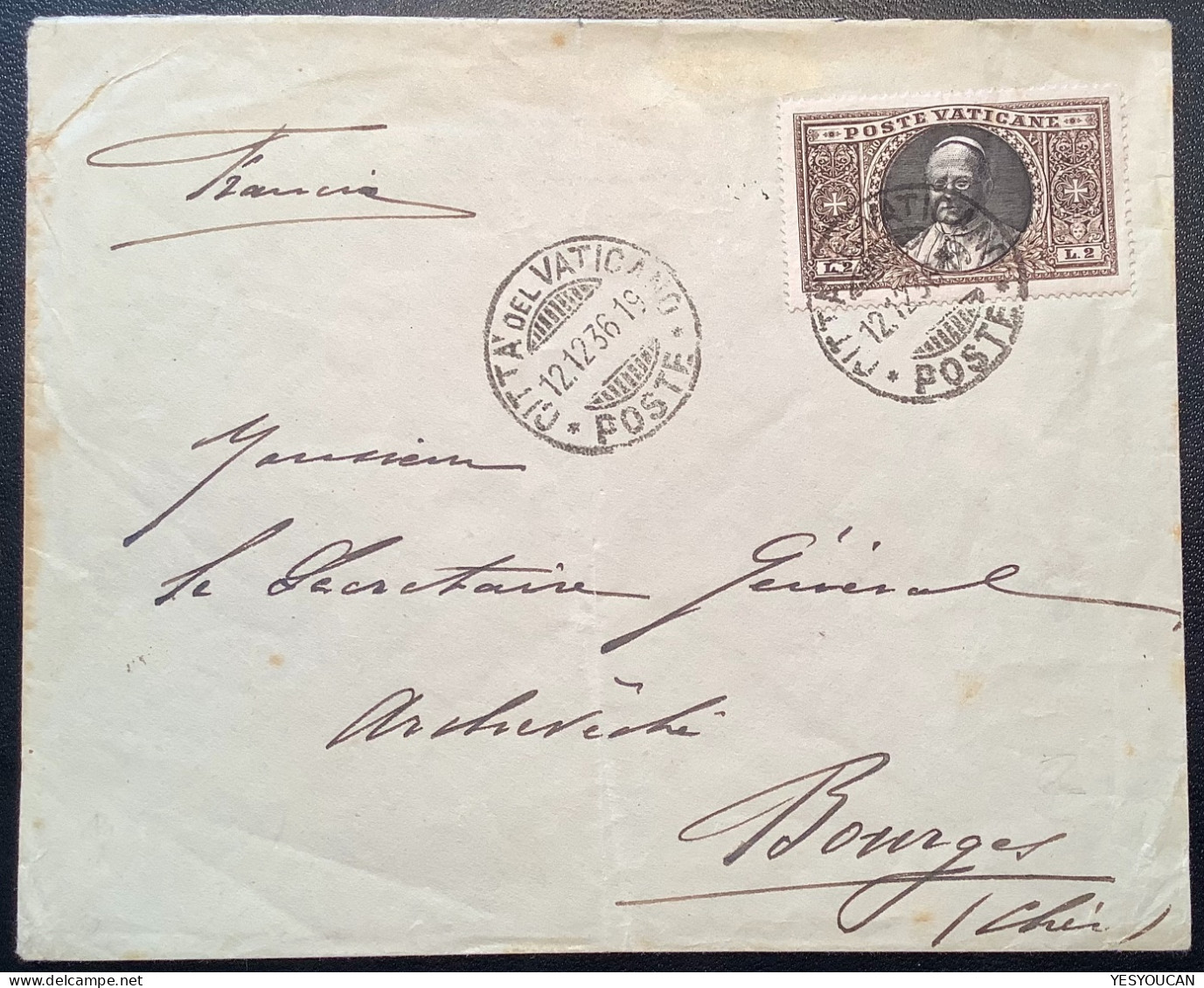 Sa.30 1933 2L Medaglioni Lettera 1936>Bourges Cher France (Vatican Cover Vaticano Italy Italia Lettre - Covers & Documents