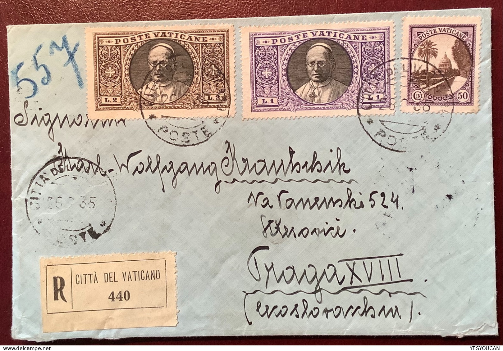 Sa.30, 28, 25 1933 1L, 2L Medaglioni Lettera 1935>Prag CZ  (Vatican Cover Vaticano Italy Italia Lettre - Briefe U. Dokumente