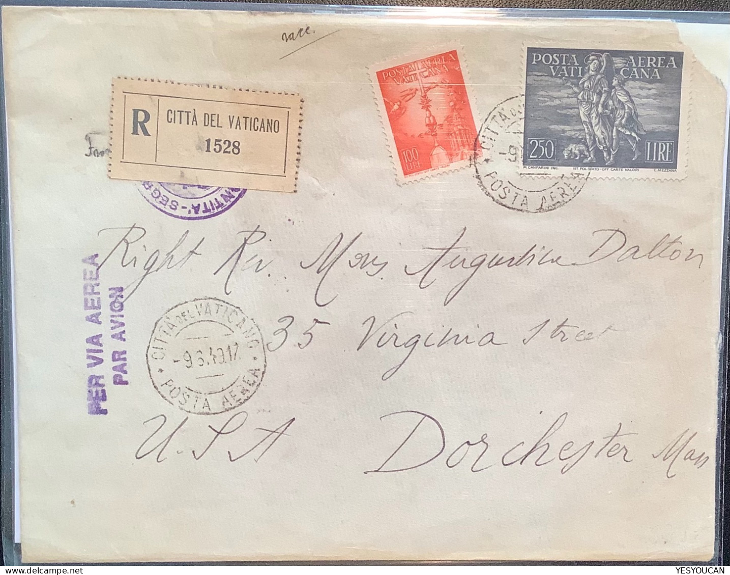 POSTA AEREA Sa.15-16 1947-1948 100L, 250L Lettera 1949>Dorchester USA (Boston Parcel Post Vatican Cover Vaticano Art - Cartas & Documentos