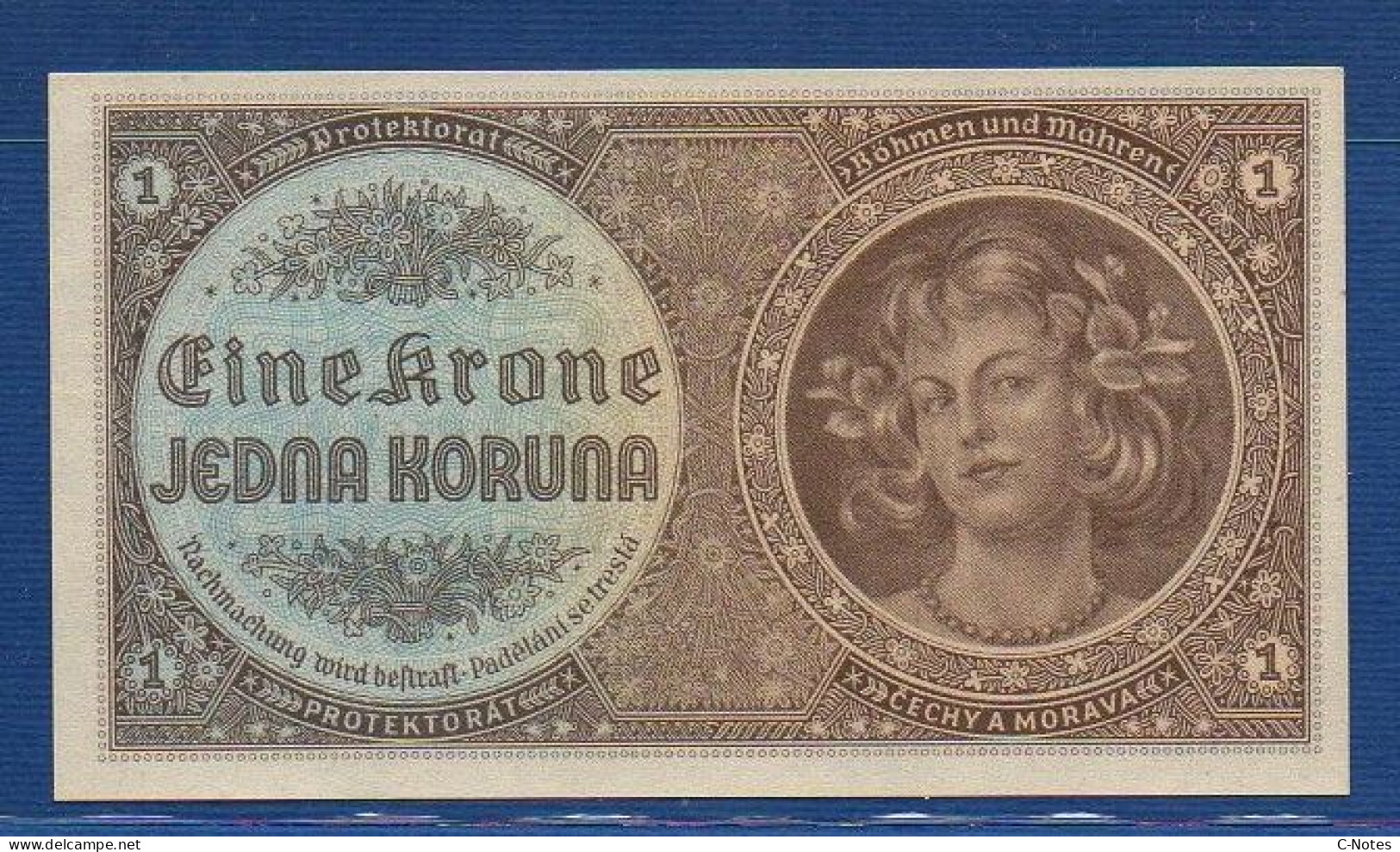 BOHEMIA & MORAVIA - P. 3a – 1 Krone / Koruna ND (1940) UNC, S/n A012 - Tchécoslovaquie