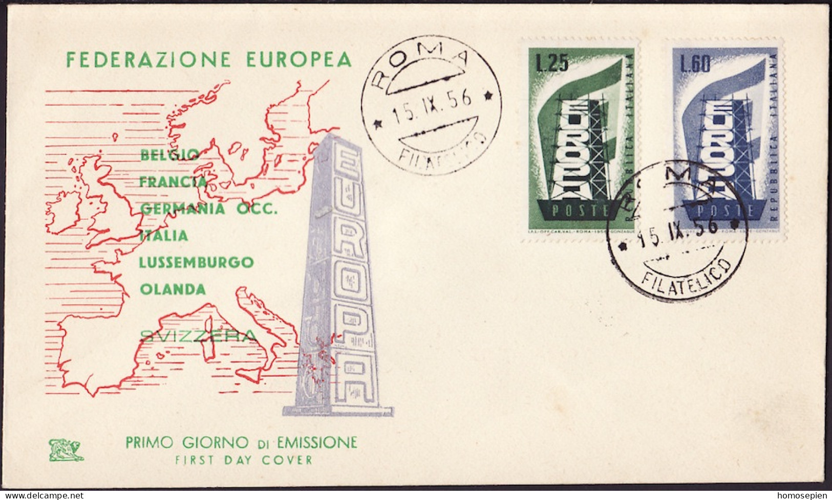 Europa CEPT 1956 Italie - Italy - Italien FDC1 Y&T N°731 à 732 - Michel N°973 à 974 - 1956
