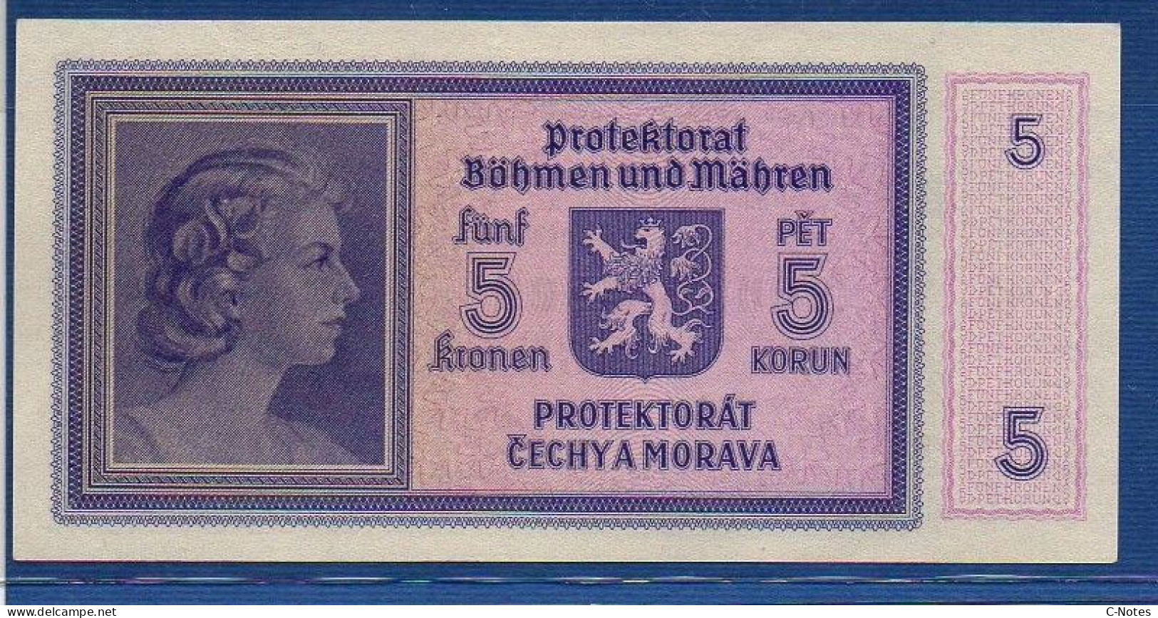 BOHEMIA & MORAVIA - P. 4a – 5 Kronen / Korun ND (1940) UNC-, S/n A043 - Czechoslovakia