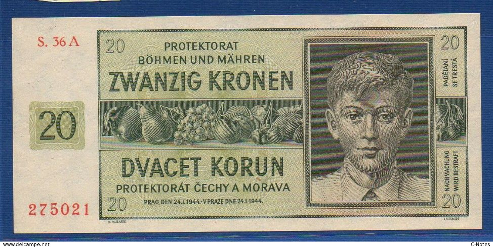 BOHEMIA & MORAVIA - P. 9a – 20 Kronen / Korun (1944) AUNC, S/n S. 36A 275021 - Tchécoslovaquie