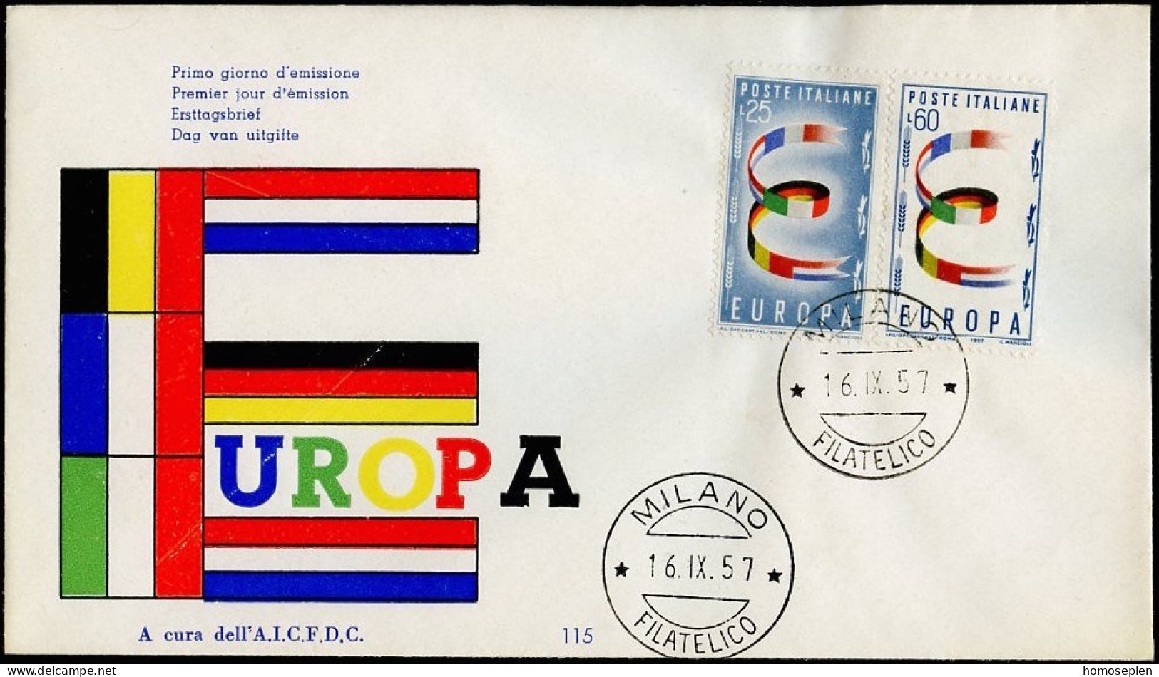 Europa CEPT 1957 Italie - Italy - Italien FDC5 Y&T N°744 à 745 - Michel N°992 à 993 - 1957