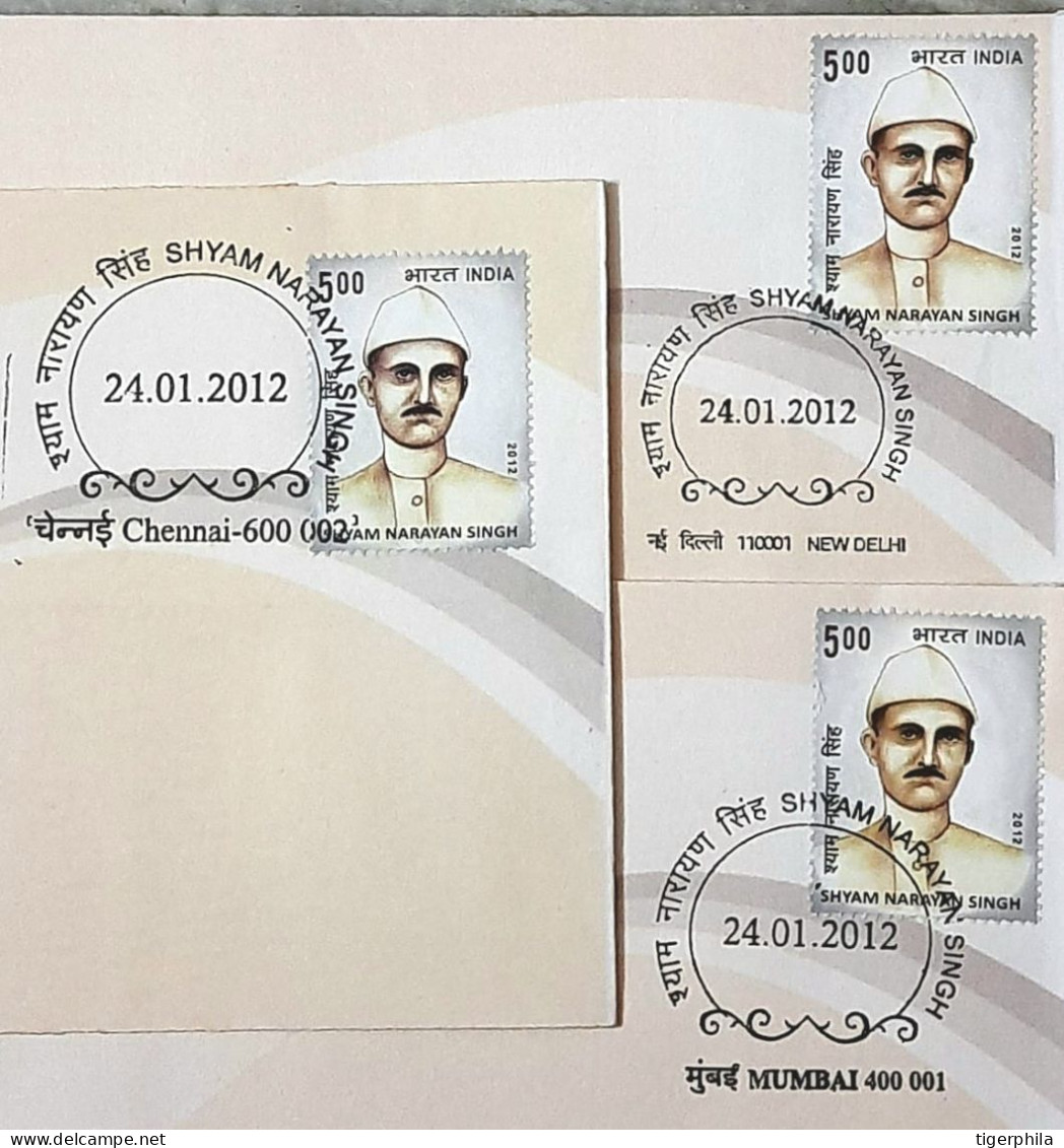 INDIA 2012 Shyam Narayan Singh FDCs CHENNAI , MUMBAI & NEW DELHI CANCELLATION - Lettres & Documents