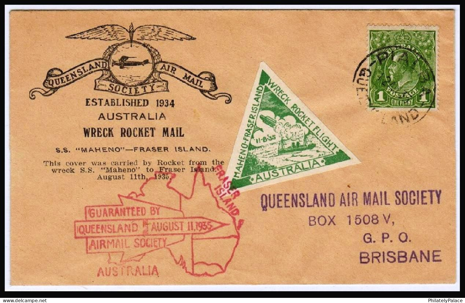 AUSTRALIA - 1935 ' Wreck Rocket Mail ' Cover Used At PIALBA MAHENO-FRASER ISLAND (**) VERY RARE - Storia Postale