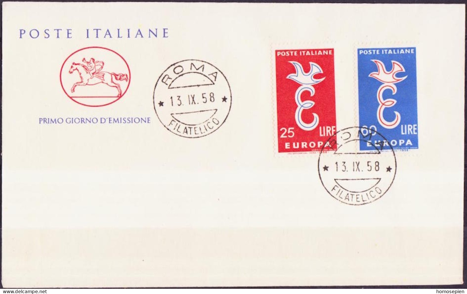 Europa CEPT 1958 Italie - Italy - Italien FDC1 Y&T N°765 à 766 - Michel N°1016 à 1017 - 1958
