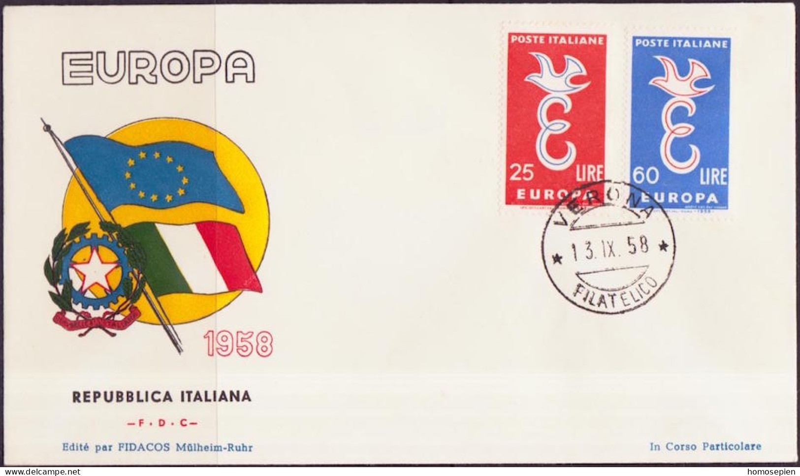 Europa CEPT 1958 Italie - Italy - Italien FDC2 Y&T N°765 à 766 - Michel N°1016 à 1017 - 1958