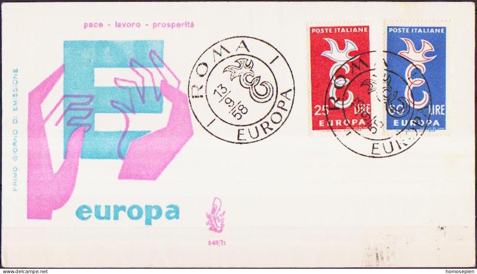 Europa CEPT 1958 Italie - Italy - Italien FDC8 Y&T N°765 à 766 - Michel N°1016 à 1017 - 1958