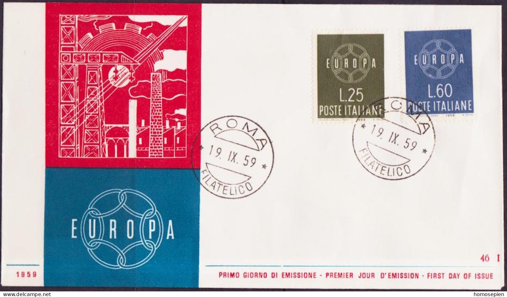 Europa CEPT 1959 Italie - Italy - Italien FDC5 Y&T N°804 à 805 - Michel N°1055 à 1056 - 1959