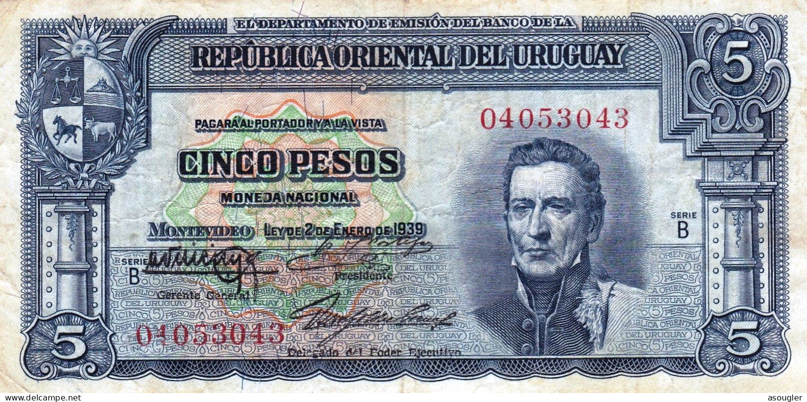 Uruguay 5 Pesos 1939 VF P-36a "free Shipping Via Regular Air Mail (buyer Risk)" - Uruguay