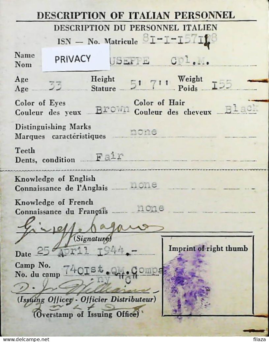 WW2 – 1944 Identification Card - Carte D'Identité - Italian Personnel - S2087 - Documents