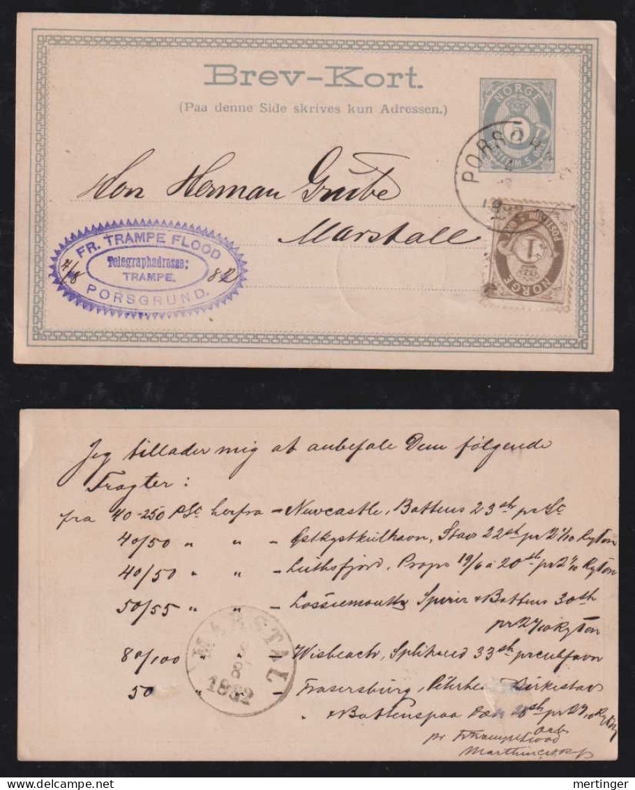 Norway Norwegen 1882 Uprated Stationery Postcard PORSGRUND X MARSTALL - Briefe U. Dokumente