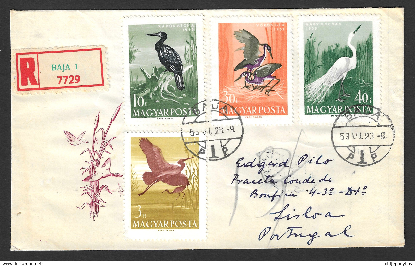 EGRETS, SPOONBILLS, HERONS, BIRDS, REGISTERED COVER FDC, 1959, HUNGARY BAJA TO PORTUGAL  - Sir Winston Churchill