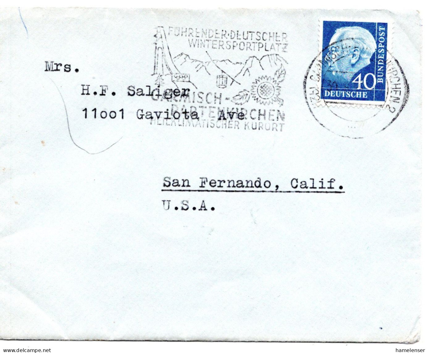 66384 - Bund - 1958 - 40Pfg Heuss II EF A Bf GARMISCH-PARTENKIRCHEN - ... -> San Fernando, CA (USA) - Brieven En Documenten