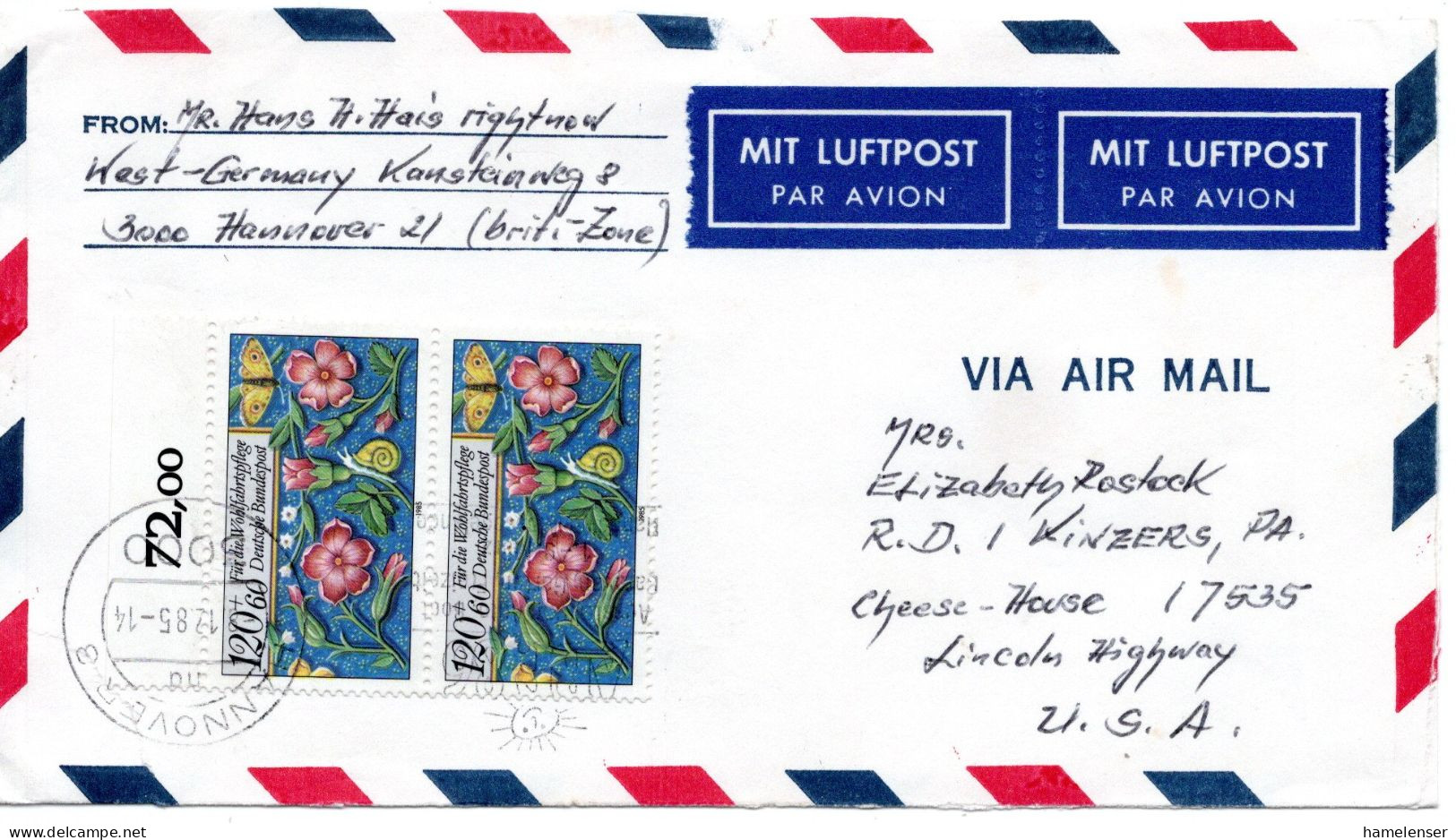 66385 - Bund - 1985 - 2@120Pfg WoFa '85 A LpBf HANNOVER -> Kinzers, PA (USA) - Briefe U. Dokumente
