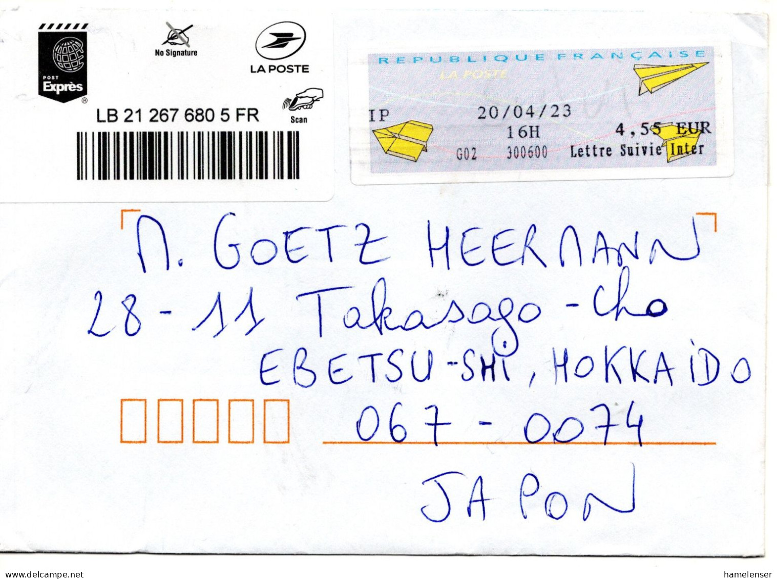 66393 - Frankreich - 2023 - €4,55 Schalterfreistpl A LpBf M Nachverfolgung -> Japan - Briefe U. Dokumente