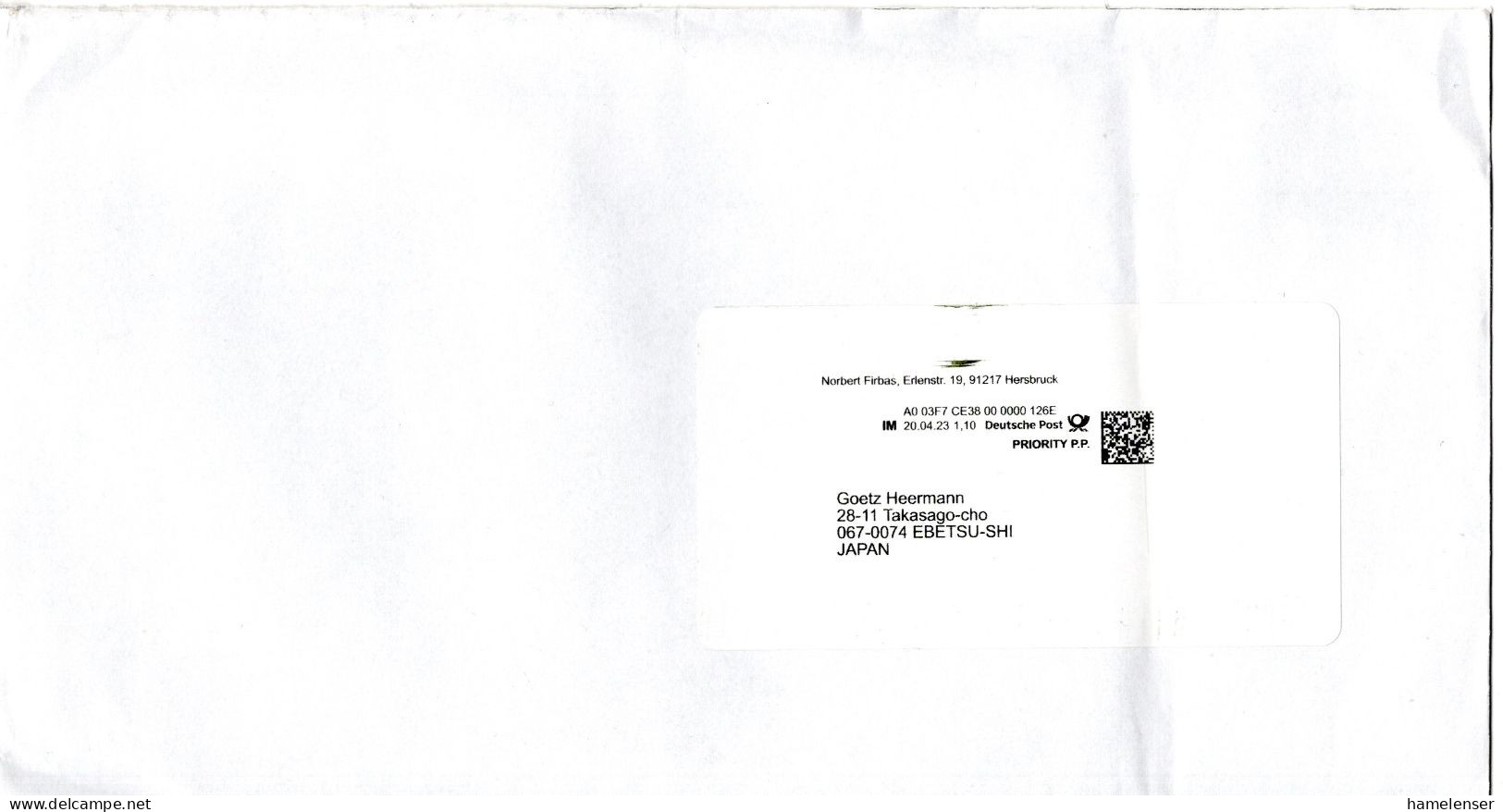 L66396 - Bund - 2023 - €1,10 Internetmarke A Bf -> Japan - Lettres & Documents