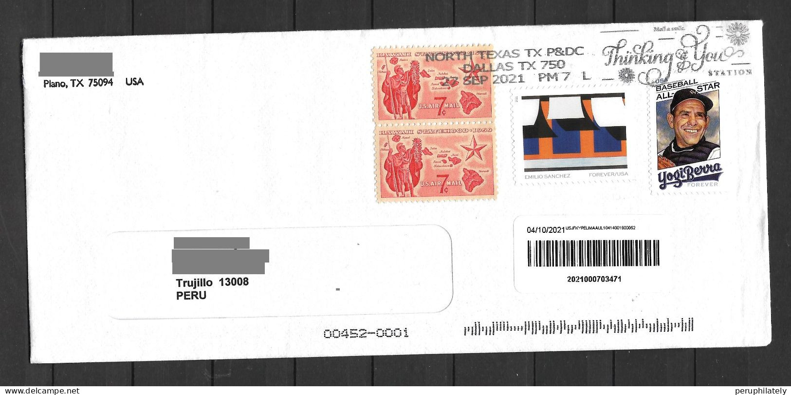 US Cover With Baseball Yogi Berra And Emilio Sanchez Stamps Sent To Peru - Brieven En Documenten