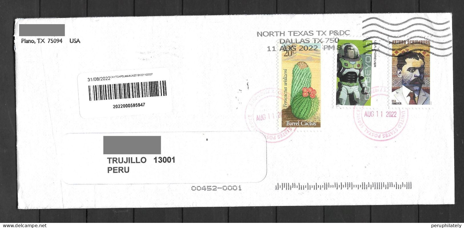 US Cover With Cactus And Buzz Lightyear Stamps Sent To Peru - Covers & Documents