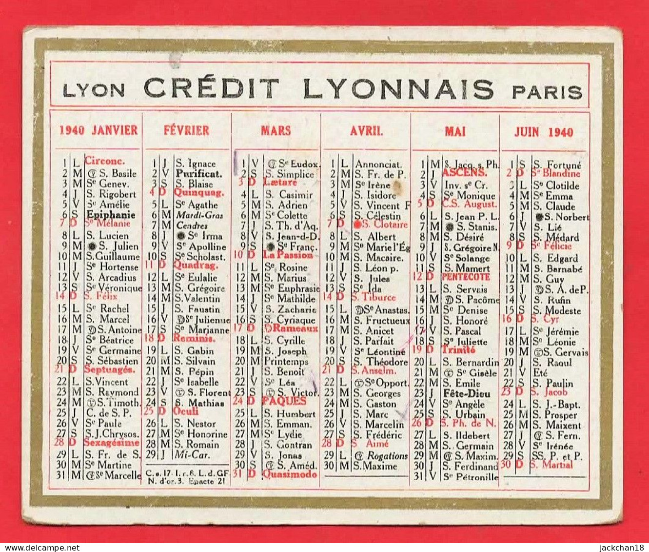 -- PETIT CALENDRIER DU CREDIT LYONNAIS DE 1940 -- - Petit Format : 1921-40