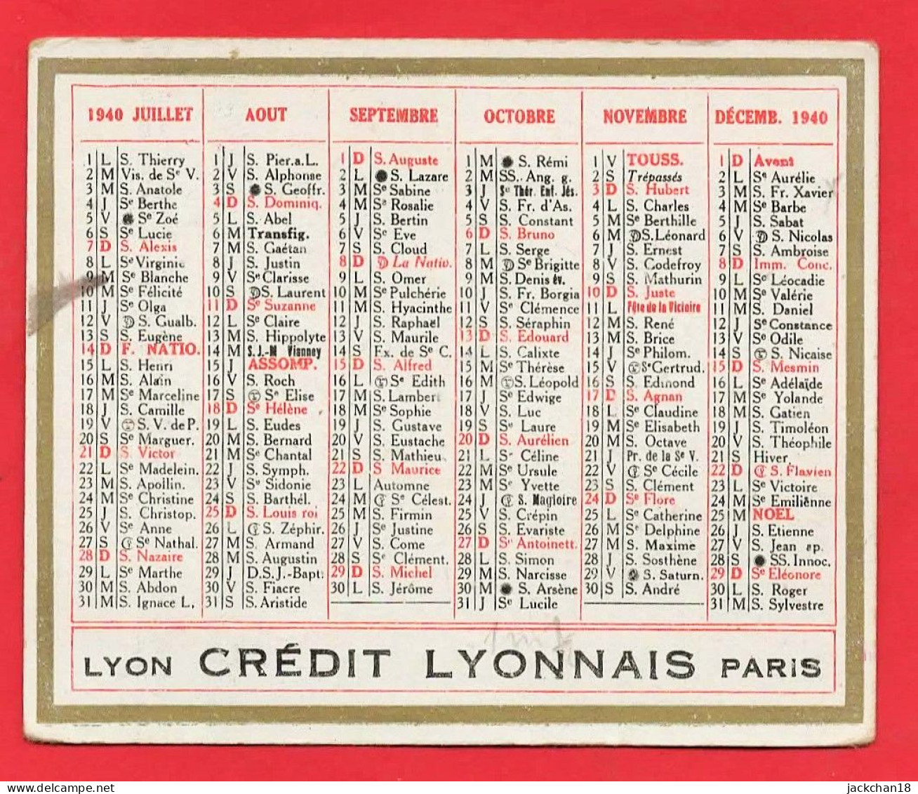 -- PETIT CALENDRIER DU CREDIT LYONNAIS DE 1940 -- - Petit Format : 1921-40