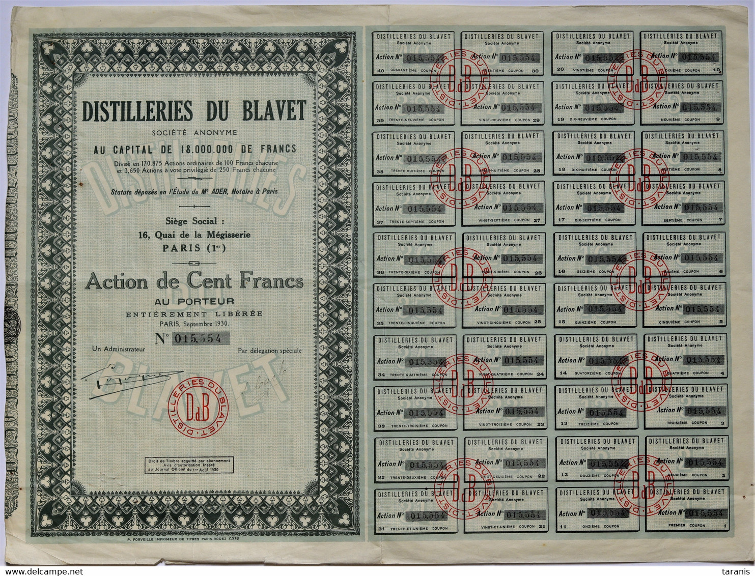 DISTILLERIES DU BLAVET - BRETAGNE, ACOOL - Action 100F 1930 - Etat D'usage (voir Scan) - A - C