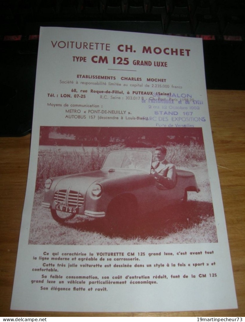 Flyer Publicité Pub Micro Mini Voiture Voiturette Mochet Type CM 125 Grand Luxe Puteaux TB ( Ancien Plis Central ) - Voitures