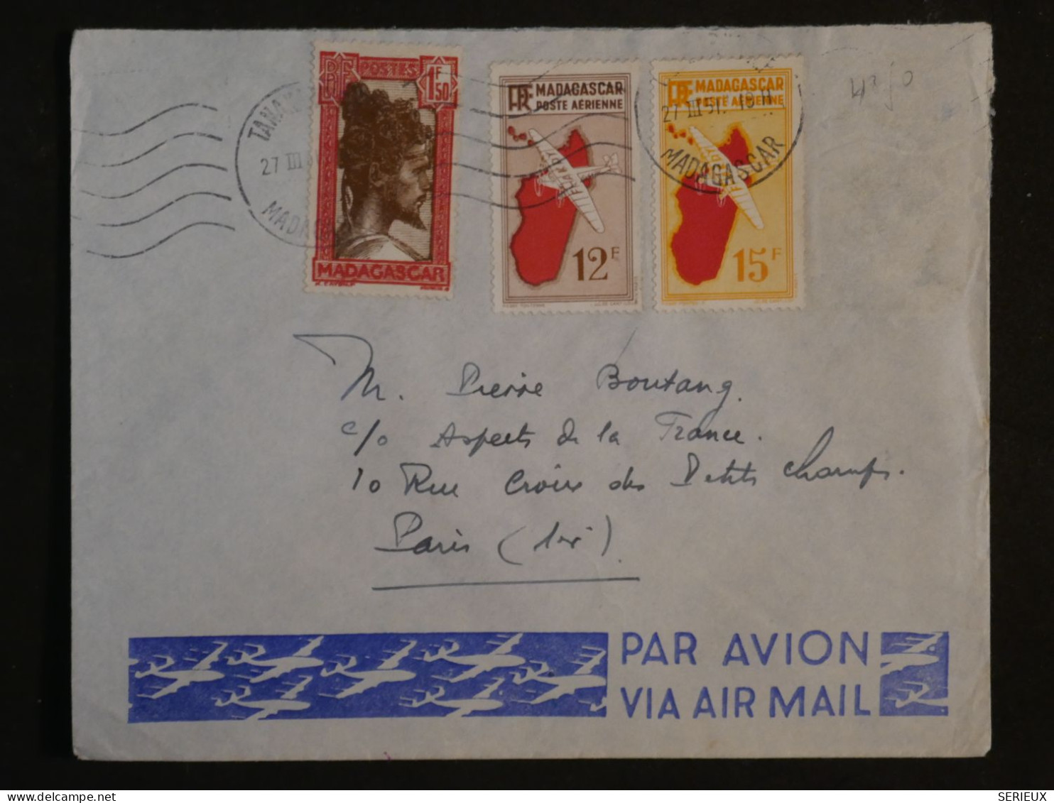 BT5  MADAGASCAR BELLE LETTRE  1951 PAR AVION   TANANARIVE A PARIS FRANCE+ AFF. PLAISANT++++ - Luchtpost