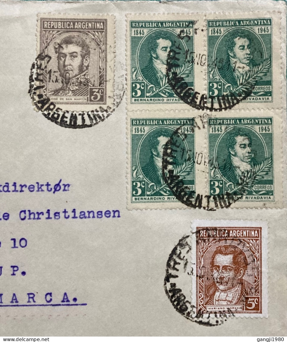 ARGENTINA-DENMARK 1945, COVER USED VIGNETTE LABEL DENMARKS HJALPEN, FIRM ARNE CHRISTIANSEN, 6 STAMP SAN MARTIN MOREND, B - Storia Postale