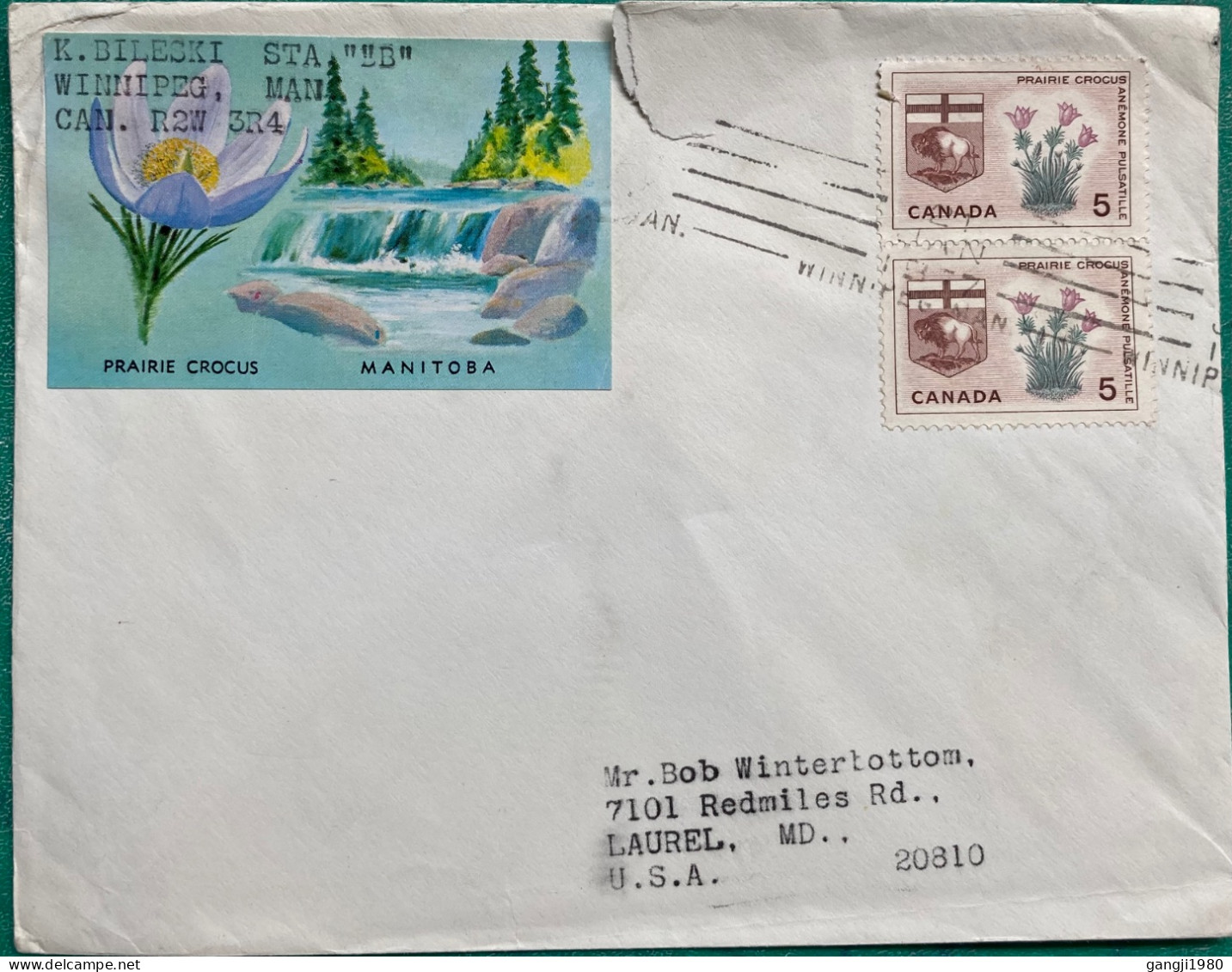 CANADA 1967, COVER USD TO USA, PROVINCE BADLE FLOWER, ANIMAL, NATURE, WATERFALL, 2 STAMP, WINNIPG CITY, BAR CANCEL. - Cartas & Documentos