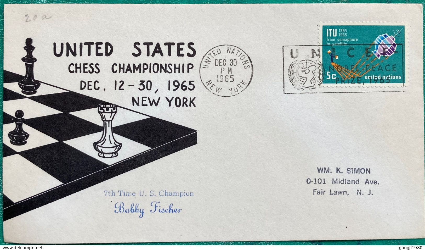 UNITED NATION-USA 1965,ILLUSTRATED COVER, USA CHESS CHAMPIONSHIP, NEW YORK, BOBBY FISHER 7TH TIME CHAMPION,  SATELLITE S - Brieven En Documenten