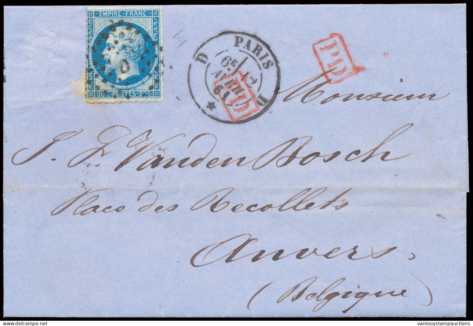 Cover 1861 N° 14Ad 20c. Bleu Sur Vert Percé En Lignes, Op Brief Verstuurd Uit Parijs Bureau D 12/04/1861, Naar Antwerpen - Otros & Sin Clasificación