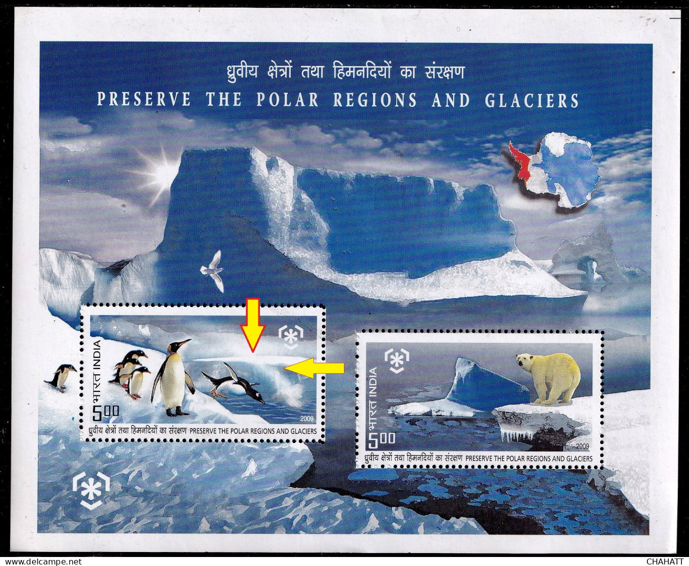 INDIA-2009-PRESERVE THE POLAR REGIONS AND GLACIERS -PENGUINS- POLAR BEAR- ERROR- DRYPRINT-MS-MNH-BR5  - Errors, Freaks & Oddities (EFO)