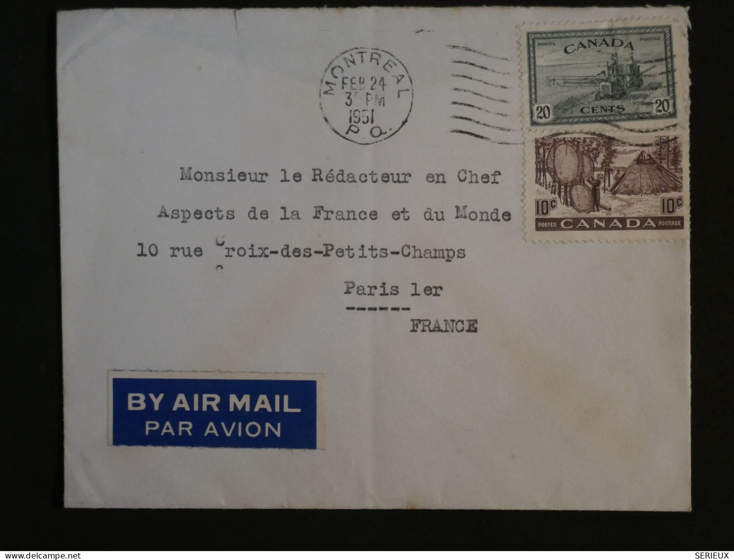 BT5 CANADA BELLE LETTRE 1951 PAR AVION MONTREAL  A PARIS FRANCE+ AFF. INTERESSANT++++ - Lettres & Documents