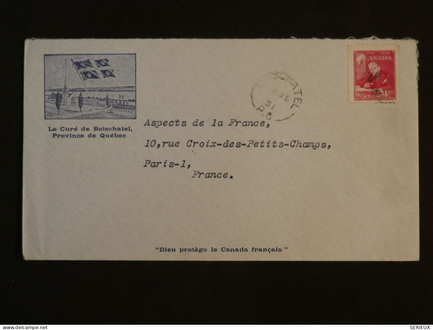 BT5 CANADA BELLE LETTRE 1951 QUEBEC BOISCHATEL  A PARIS FRANCE+ AFF. INTERESSANT++++ - Briefe U. Dokumente