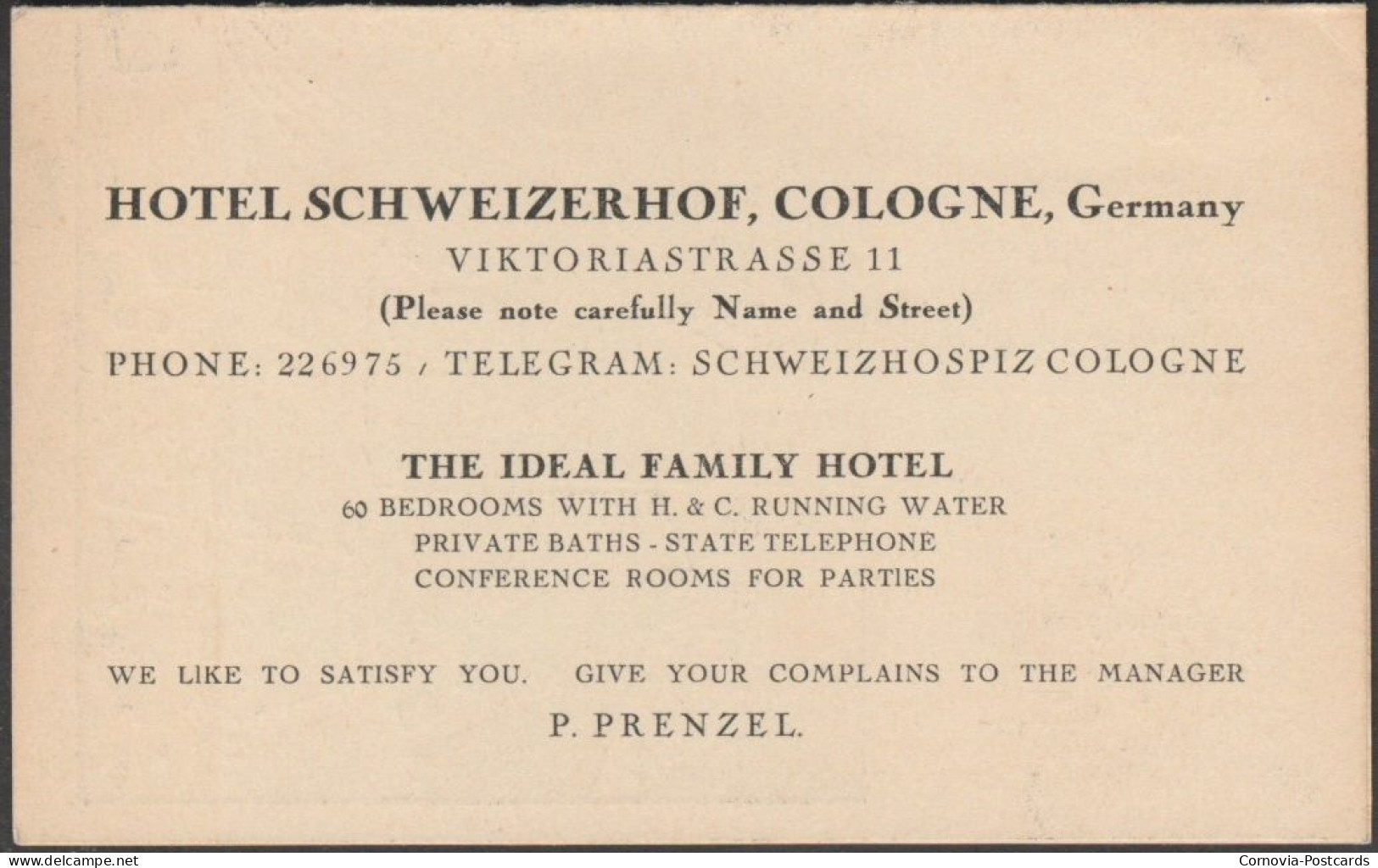 Information Card, Hotel Schweizerhof, Cologne, C.1920s - Sports & Tourisme