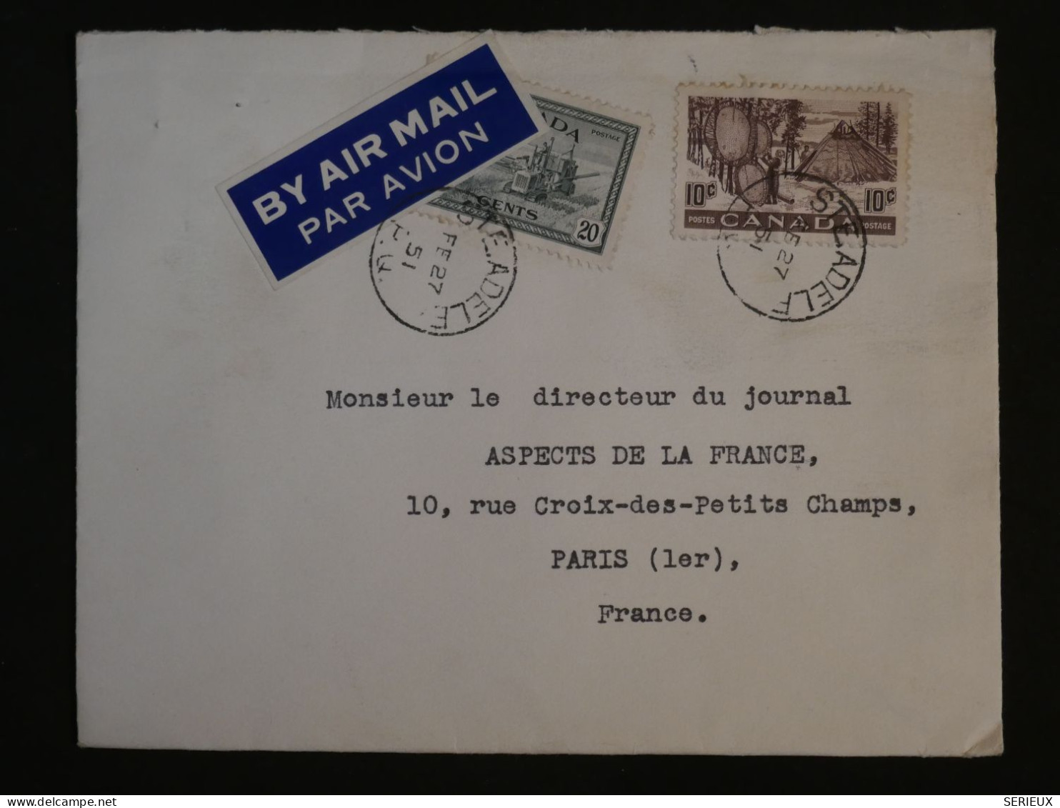 BT5 CANADA BELLE LETTRE 1951 STE ADELE   A PARIS FRANCE+ AFF. INTERESSANT++++ - Briefe U. Dokumente